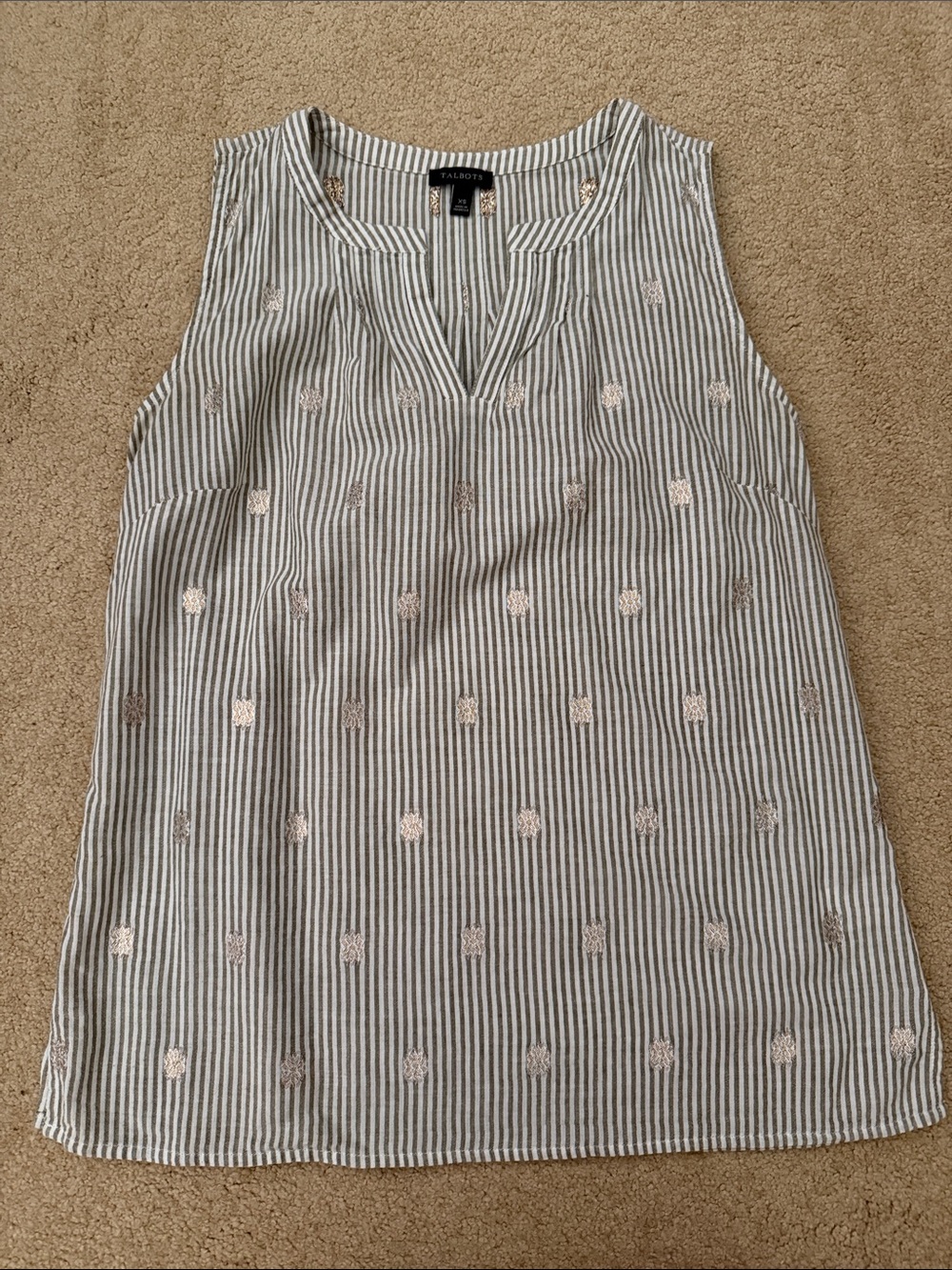 Talbots Beige and White Striped Sleeveless Embroidered Sleeveless Top